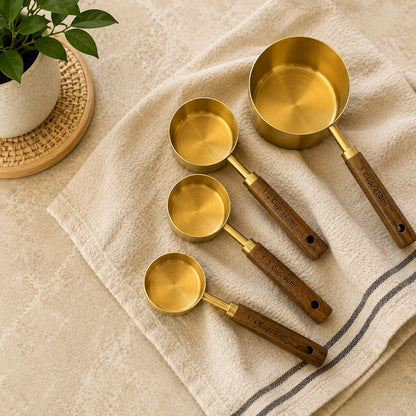 Josh & Tate - Natural Wood Measuring Cup Spoon Set - Set of brass measuring cups with wooden handles on a beige towel