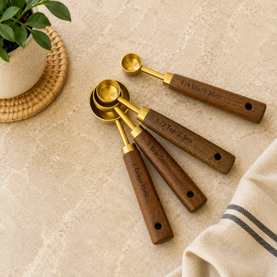 Josh & Tate - Natural Wood Measuring Cup Spoon Set - Set of wooden measuring spoons with gold accents on a beige surface.