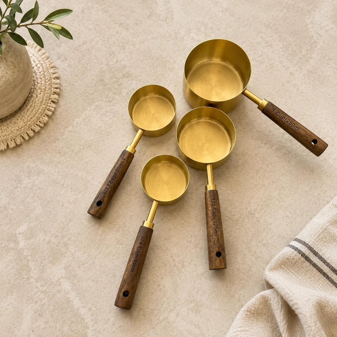 Josh & Tate - Natural Wood Measuring Cup Spoon Set - Set of brass measuring cups with wooden handles on a beige surface.