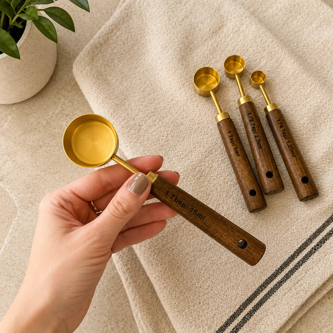 Josh & Tate - Natural Wood Measuring Cup Spoon Set - Set of wooden measuring spoons with gold ends on a neutral background