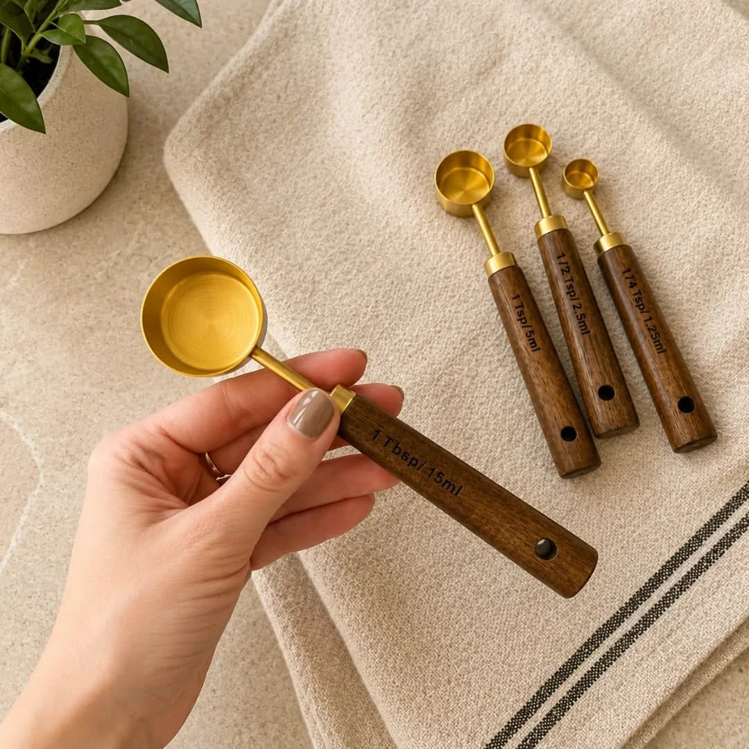 Josh & Tate - Natural Wood Measuring Cup Spoon Set - Set of wooden measuring spoons with gold ends on a neutral background