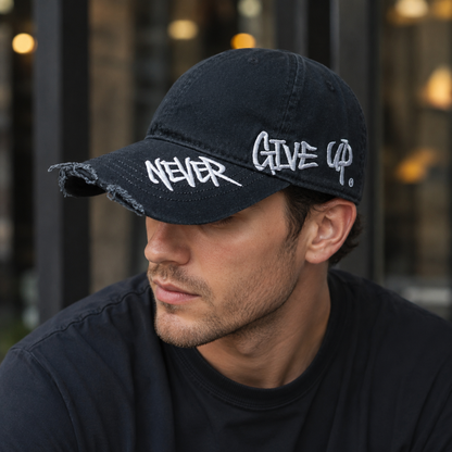Josh & Tate - NeverGiveUp™ Baseball Cap - A man wearing a black distressed baseball cap with white embroidered text reading 'NEVER' on the brim and 'GIVE UP' on the side, photographed in a softly blurred outdoor setting.