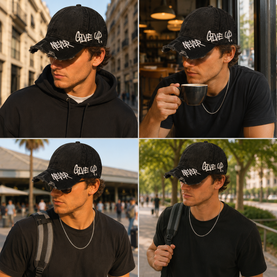 Josh & Tate - NeverGiveUp™ Baseball Cap - A four-panel collage showing a man wearing a black baseball cap with white graffiti-style text that reads 'NEVER GIVE UP' in different outdoor and cafe settings.