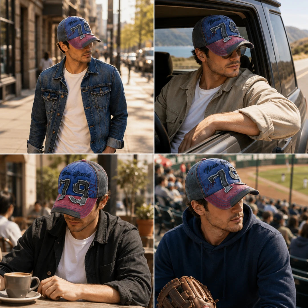 Josh & Tate - NewYork79™ Vintage Cap - A four-panel collage showing a man wearing the same baseball cap in different real-world settings: standing on a city street, leaning in a vehicle, sitting at a cafe table with a coffee cup, and at a baseball field. The cap has a dark navy-to-purple gradient with a pinkish-purple '76' graphic and a small white script logo.