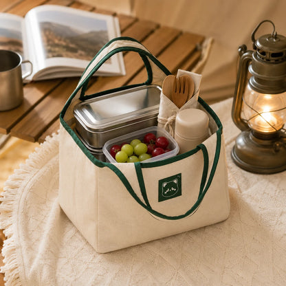 Josh & Tate - NookCarry™ Drawstring Lunch Tote - A cream canvas picnic tote bag with dark green trim and handles, shown filled with a metal lunch box, grapes, a small bottle, utensils, and a cup. The bag sits on a cream tablecloth beside a wooden table with an open book and a lit lantern.