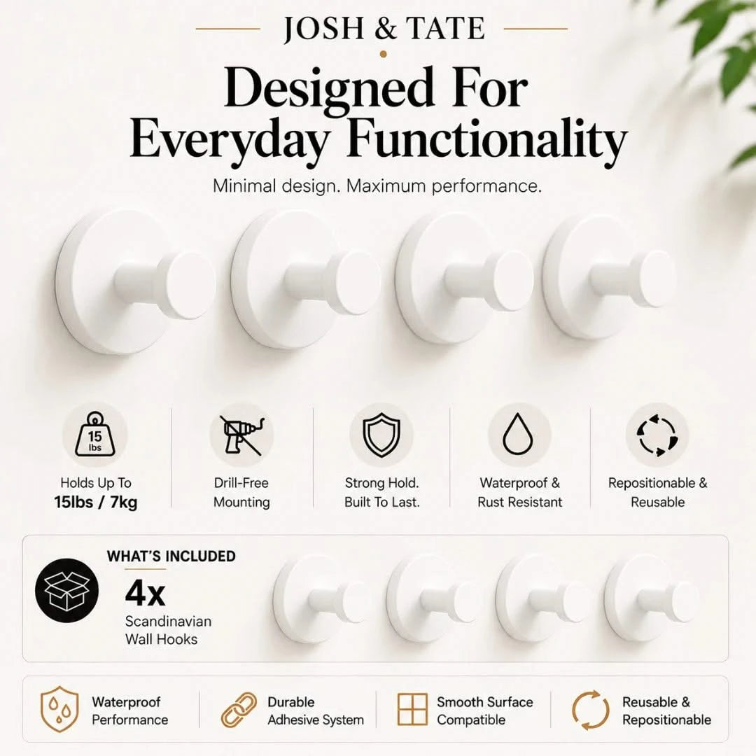 Josh & Tate - NordHook™ Scandinavian Wall Hook Set - White wall hooks with features listed on a white background, featuring the brand 'Josh & Tate'.