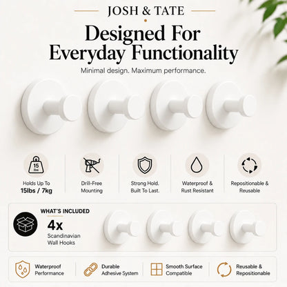 Josh & Tate - NordHook™ Scandinavian Wall Hook Set - White wall hooks with features listed on a white background, featuring the brand 'Josh & Tate'.