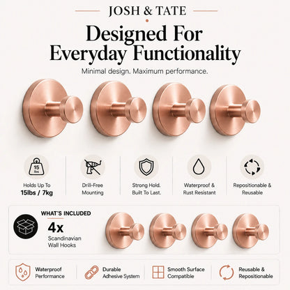 Josh & Tate - NordHook™ Scandinavian Wall Hook Set - Set of rose gold wall hooks with features listed on a white background