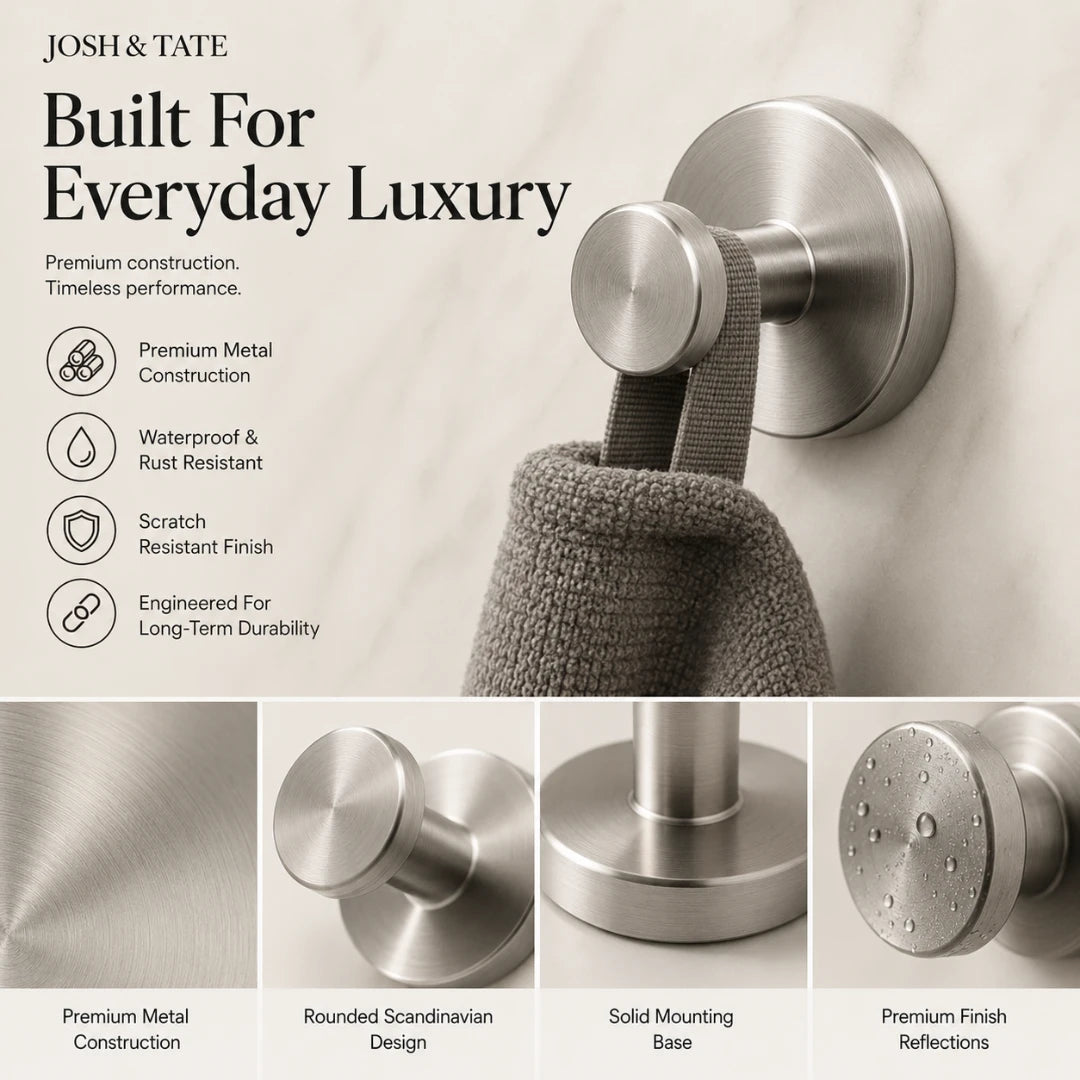 Josh & Tate - NordHook™ Scandinavian Wall Hook Set - Metal wall hook with towel, featuring Josh & Tate branding and product features.