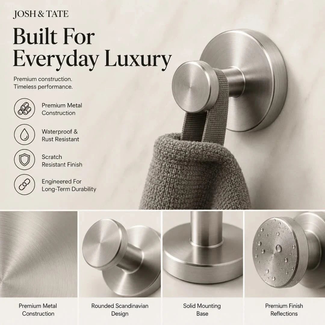 Josh & Tate - NordHook™ Scandinavian Wall Hook Set - Metal wall hook with towel, featuring Josh & Tate branding and product features.