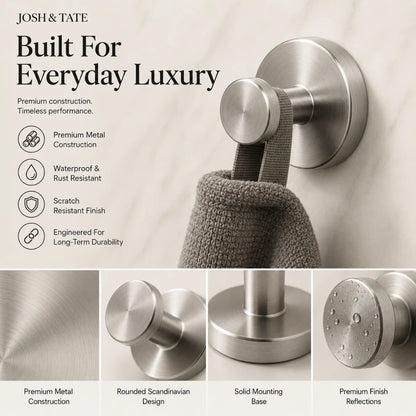 Josh & Tate - NordHook™ Scandinavian Wall Hook Set - Metal wall hook with towel, featuring Josh & Tate branding and product features.
