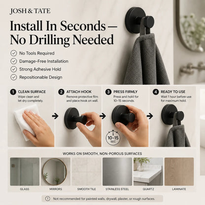 Josh & Tate - NordHook™ Scandinavian Wall Hook Set - Product installation guide for a towel hook with step-by-step instructions and features listed.