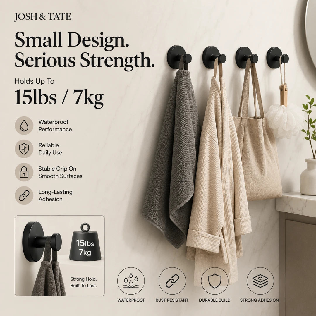 Josh & Tate - NordHook™ Scandinavian Wall Hook Set - Wall hooks holding towels and bags with product features listed on a beige background