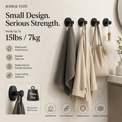Josh & Tate - NordHook™ Scandinavian Wall Hook Set - Wall hooks holding towels and bags with product features listed on a beige background