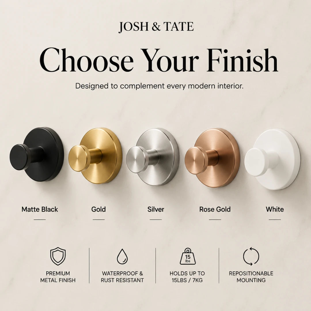 Josh & Tate - NordHook™ Scandinavian Wall Hook Set - Set of wall hooks in various finishes with 'Josh & Tate' branding and feature text.