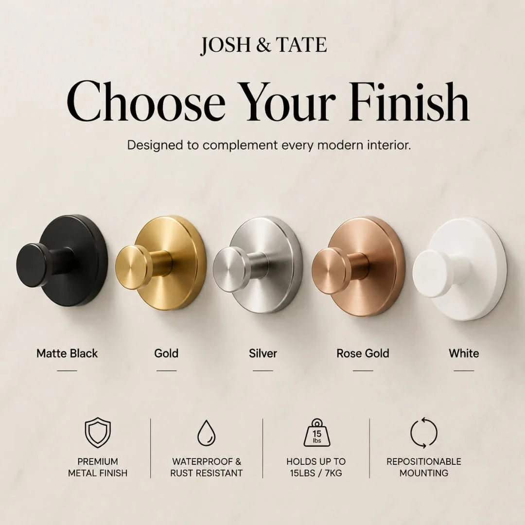 Josh & Tate - NordHook™ Scandinavian Wall Hook Set - Set of wall hooks in various finishes with 'Josh & Tate' branding and feature text.