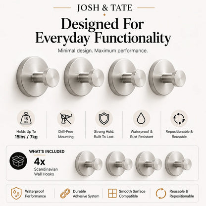 Josh & Tatte - NordHook™ Scandinavian Wall Hook Set - Set of metallic wall hooks with features listed on a white background, branded 'Josh & Tate'.