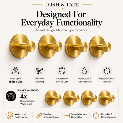Josh & Tate - NordHook™ Scandinavian Wall Hook Set - Gold wall hooks with features listed on a white background