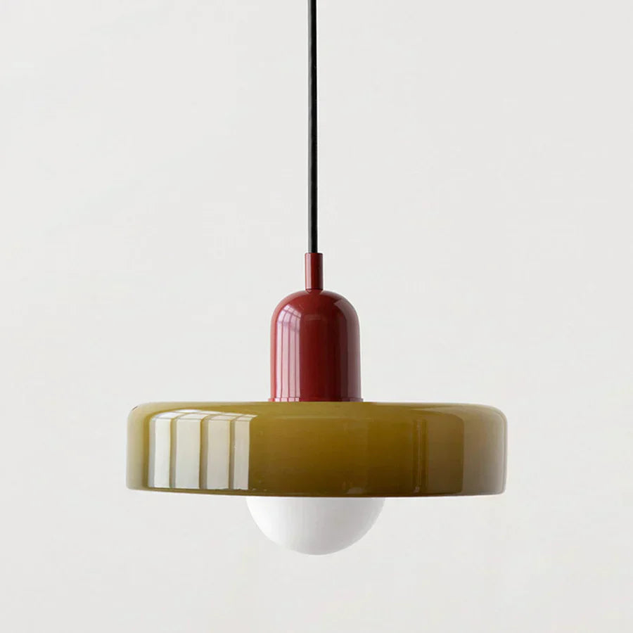 Pendant light with a red and beige design on a white background