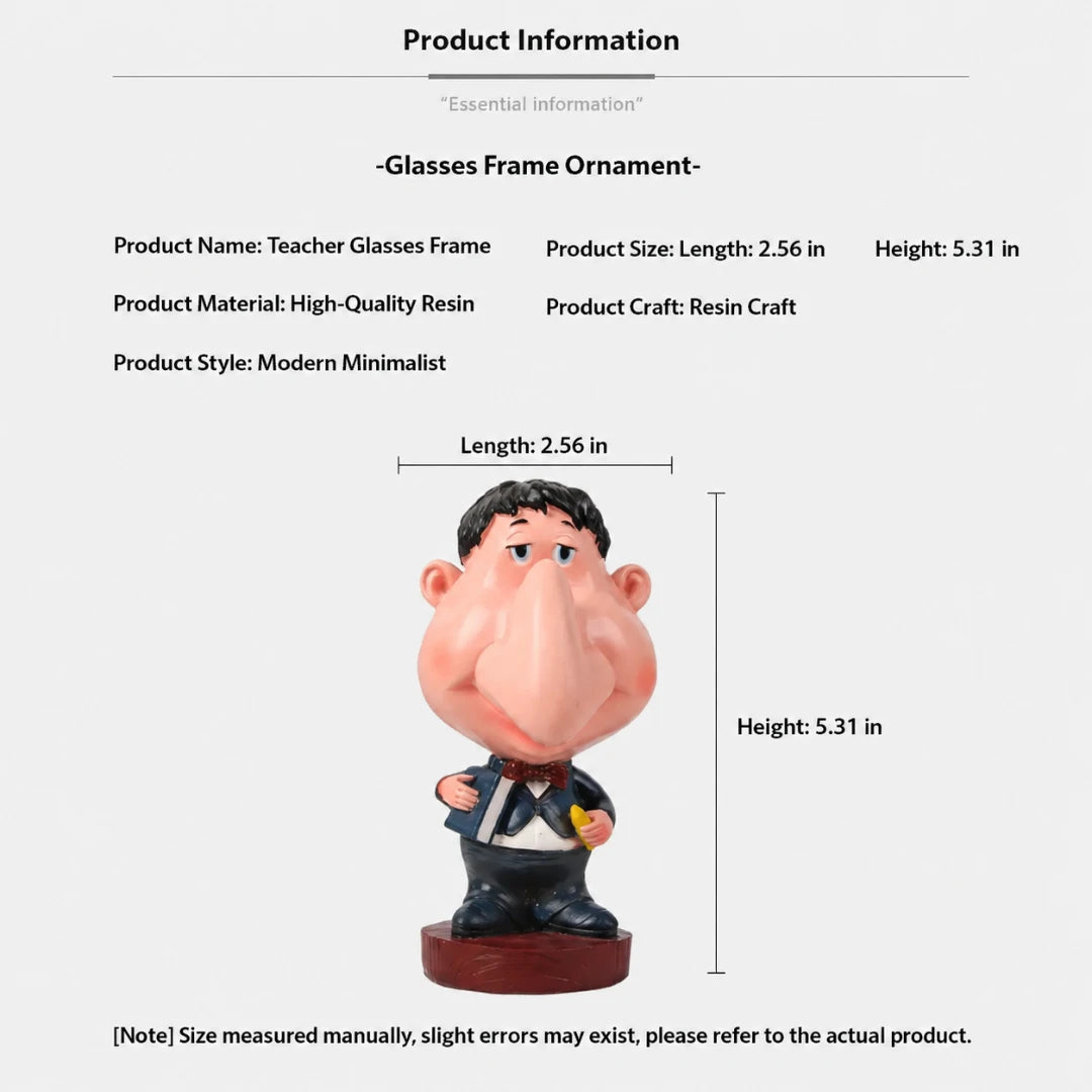 Josh & Tate - NoseNook™ Glasses Figurine Stand - A product information graphic for a Teacher Glasses Frame resin figurine, showing the product centered with dimensions labeled as 2.56 inches in length and 5.