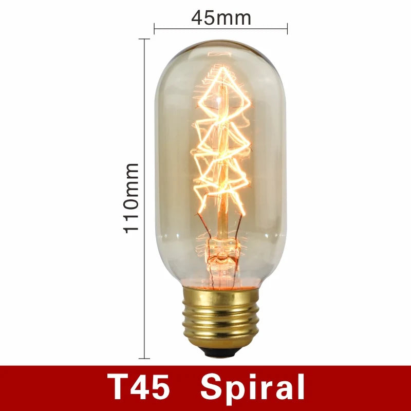 Vintage-style light bulb with dimensions and 'T45 Spiral' label on a white background