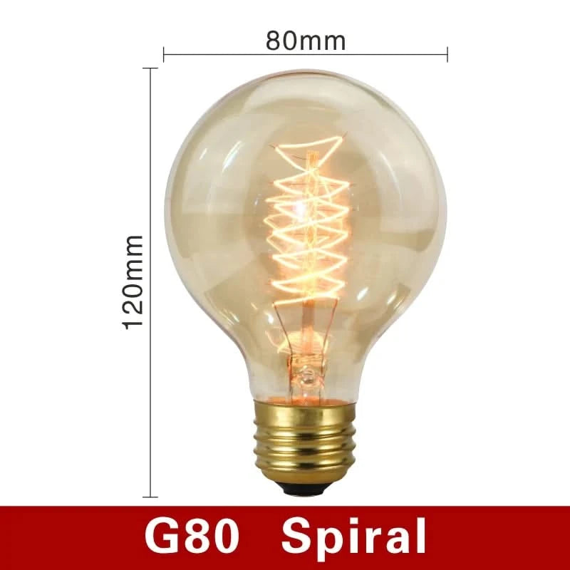 Vintage-style light bulb with spiral filament and dimensions on a white background