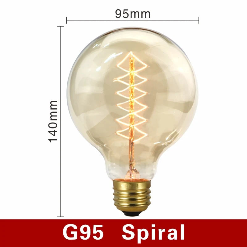 Vintage-style light bulb with spiral filament and dimensions on a white background