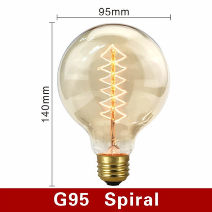Vintage-style light bulb with spiral filament and dimensions on a white background