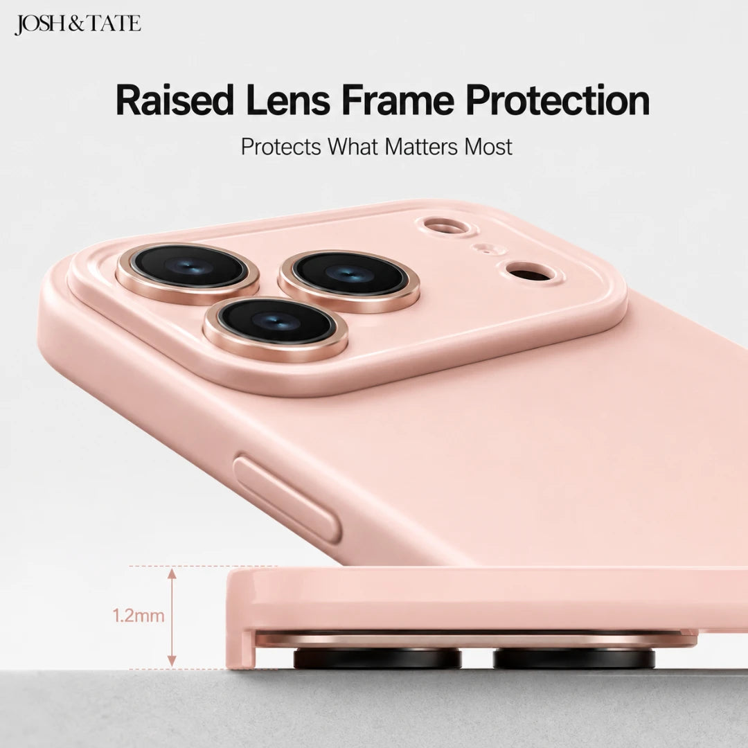 Josh & Tate - NuCase™ Minimalist iPhone Case - Pink phone case with raised lens frame protection on a gray background