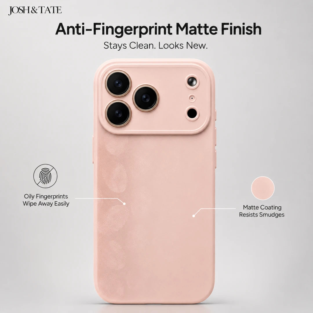 Josh & Tate - NuCase™ Minimalist iPhone Case - Pink phone case with anti-fingerprint matte finish features on a gray background