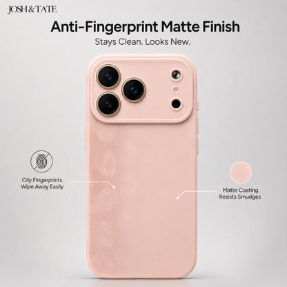 Josh & Tate - NuCase™ Minimalist iPhone Case - Pink phone case with anti-fingerprint matte finish features on a gray background