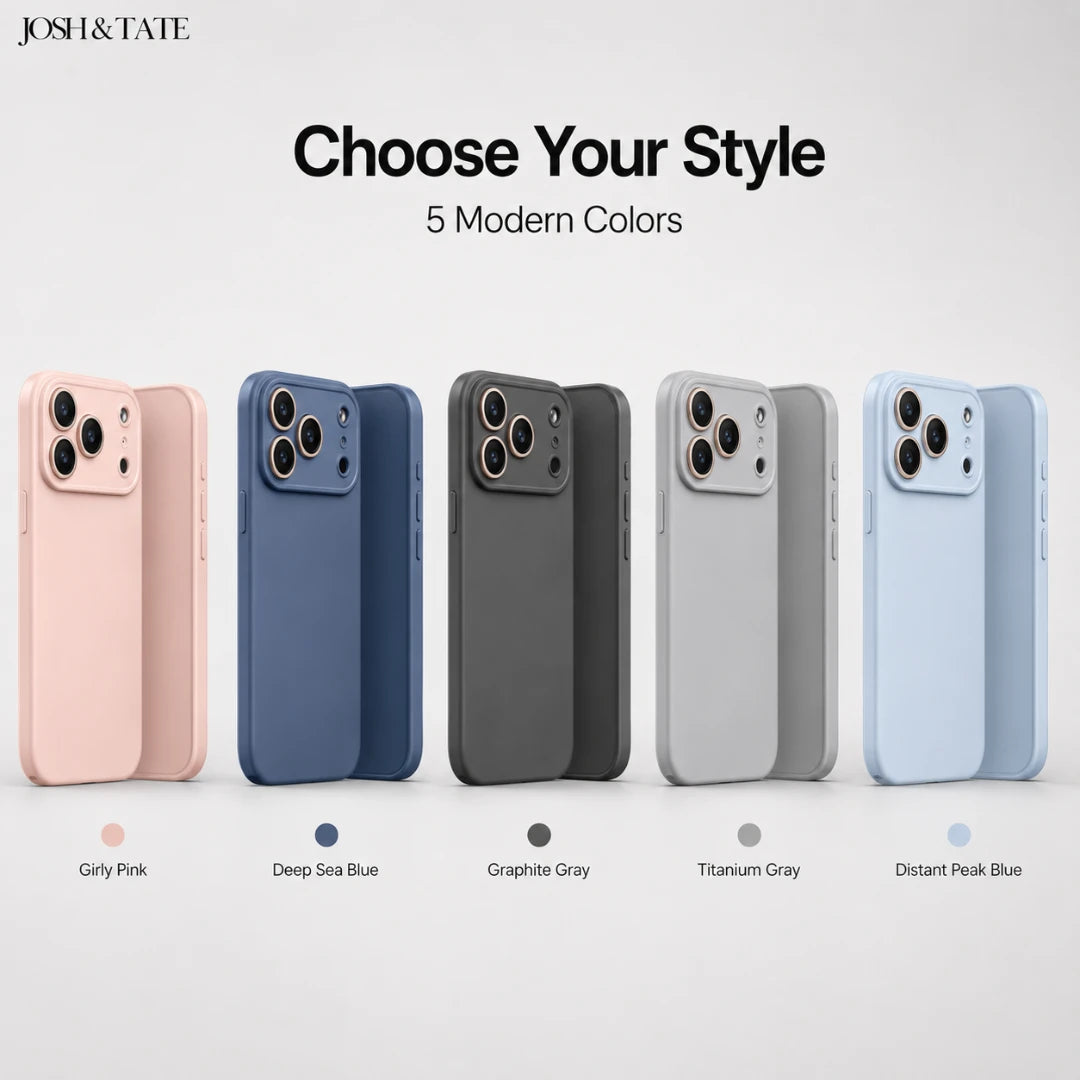 Josh & Tate - NuCase™ Minimalist iPhone Case - Five phone cases in different colors with color swatches below on a white background.