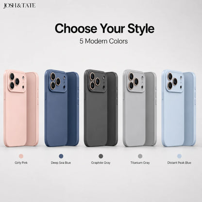 Josh & Tate - NuCase™ Minimalist iPhone Case - Five phone cases in different colors with color swatches below on a white background.
