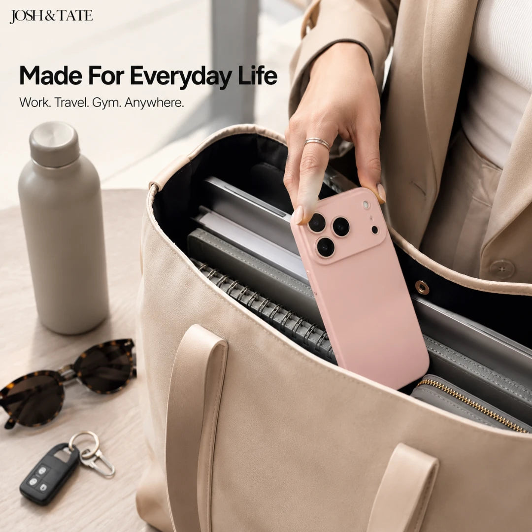 Josh & Tate - NuCase™ Minimalist iPhone Case - Person placing a pink phone into a beige bag with 'JOSH & TATE' branding.
