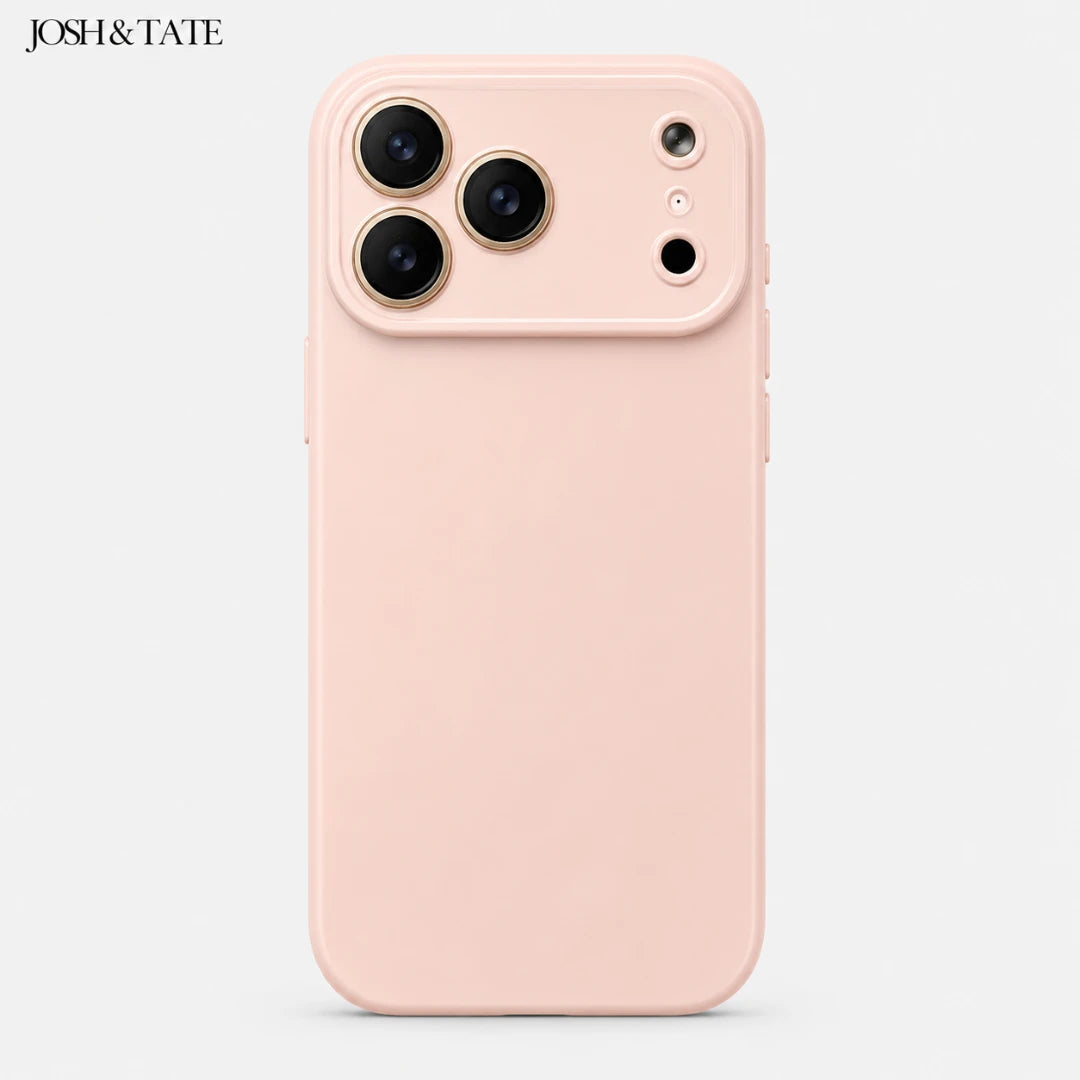 Josh & Tate - NuCase™ Minimalist iPhone Case - Pink phone case with 'JOSH & TATE' branding on a white background