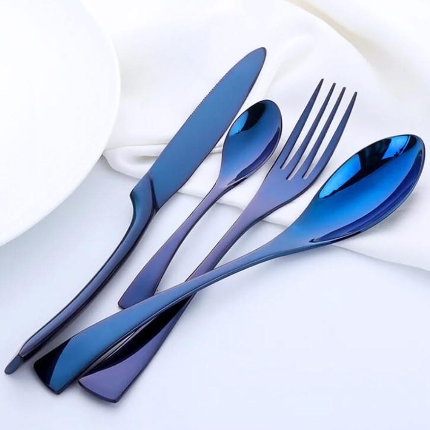 Set of blue cutlery including knife, fork, and spoons on a white background