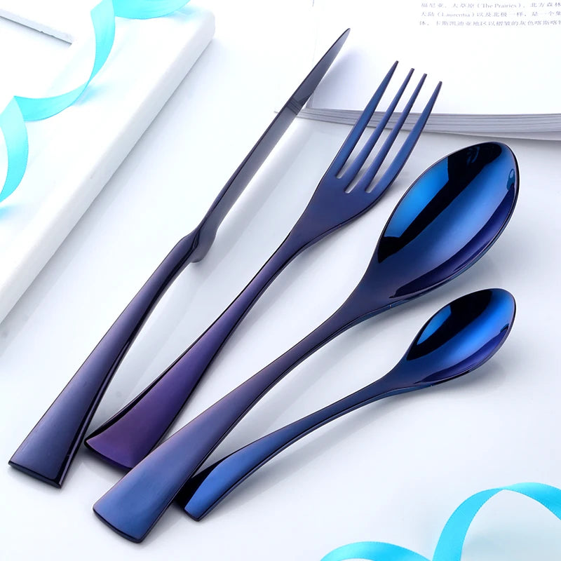 Set of blue cutlery including a knife, fork, and two spoons on a white background.