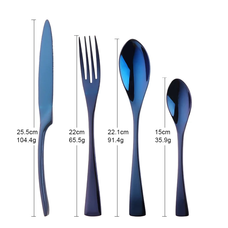 Set of blue cutlery with measurements on a white background