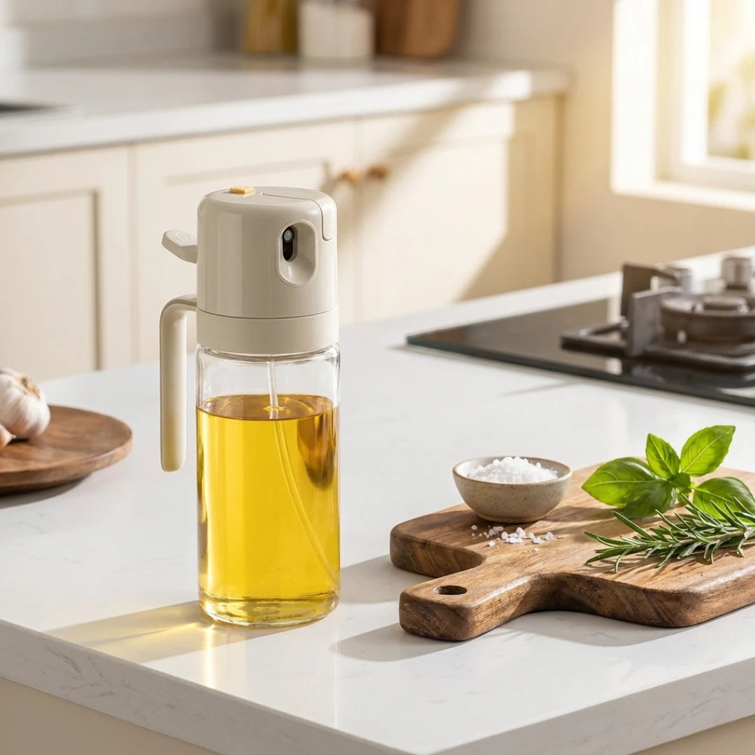 Josh & Tate - OilSwitch™ 2-in-1 Oil Dispenser - Glass bottle with oil on a kitchen counter with a cutting board and herbs.