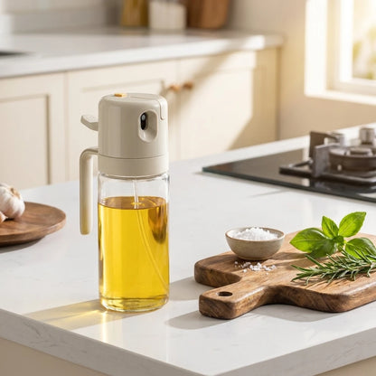 Josh & Tate - OilSwitch™ 2-in-1 Oil Dispenser - Glass bottle with oil on a kitchen counter with a cutting board and herbs.