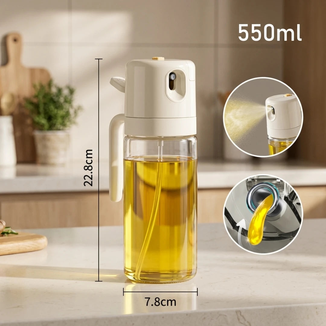 Josh & Tate - OilSwitch™ 2-in-1 Oil Dispenser - Oil dispenser bottle with measurement details on a kitchen counter