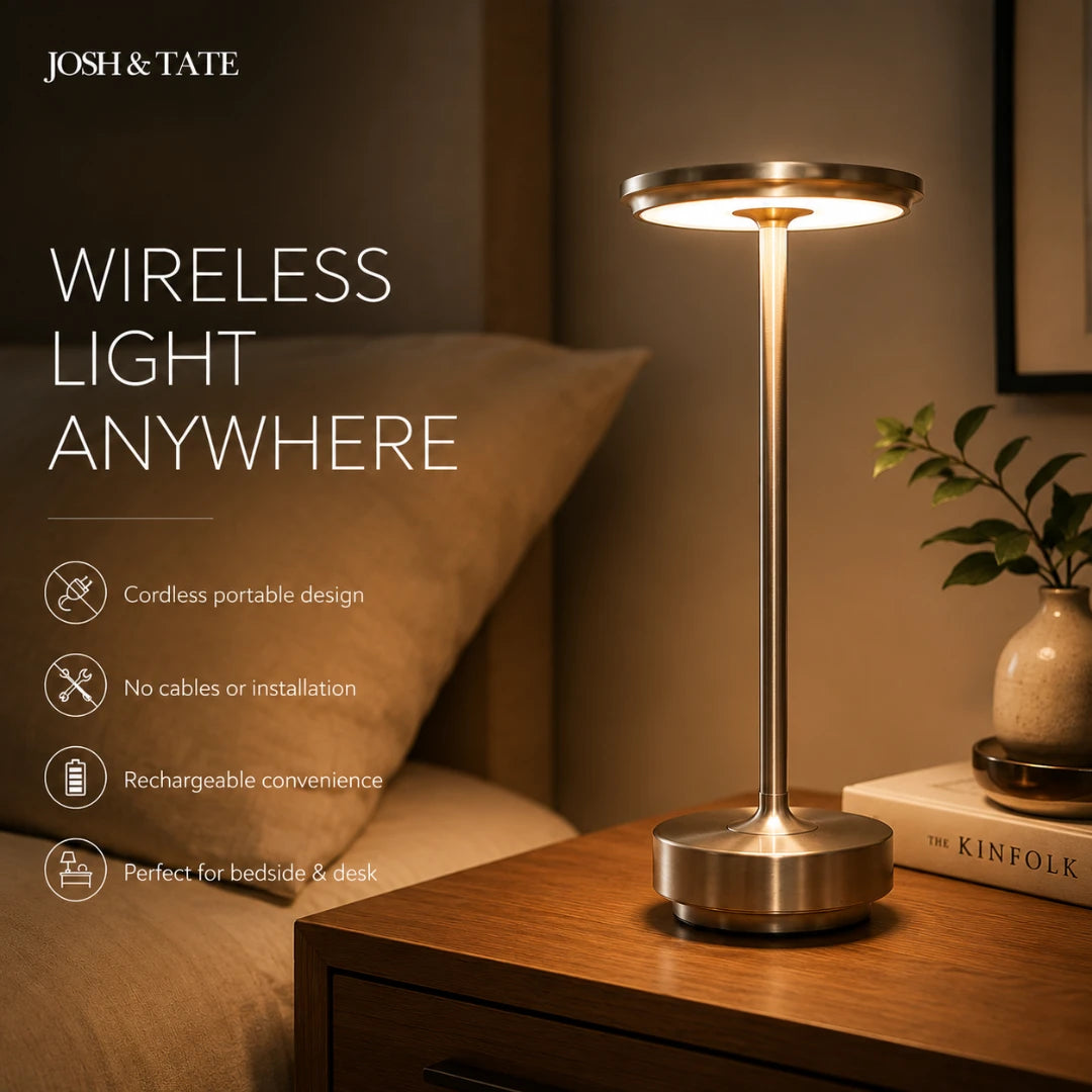 Josh & Tate - OrbitGlow™ Cordless Table Lamp - Wireless table lamp on a bedside table with 'Josh & Tate' branding and product features.