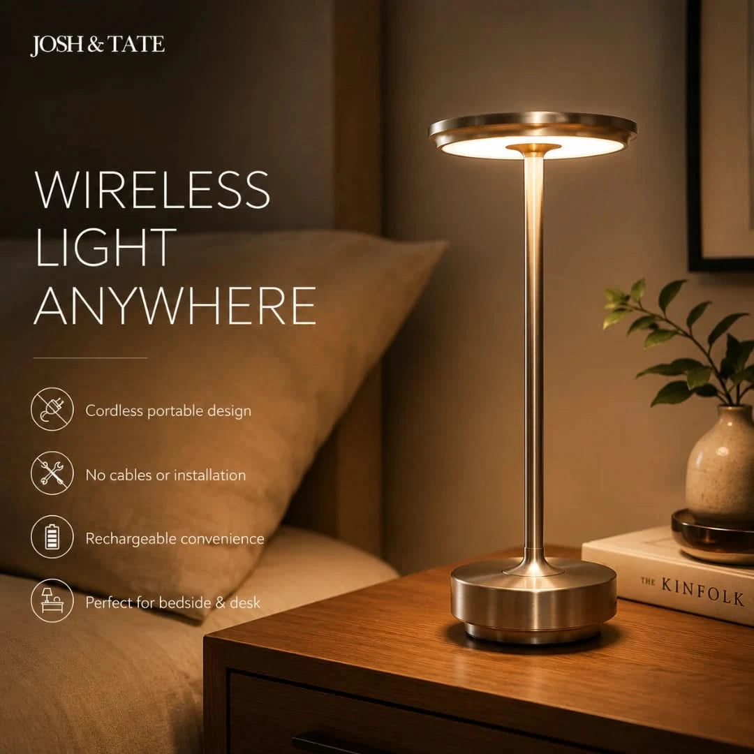 Josh & Tate - OrbitGlow™ Cordless Table Lamp - Wireless table lamp on a bedside table with 'Josh & Tate' branding and product features.