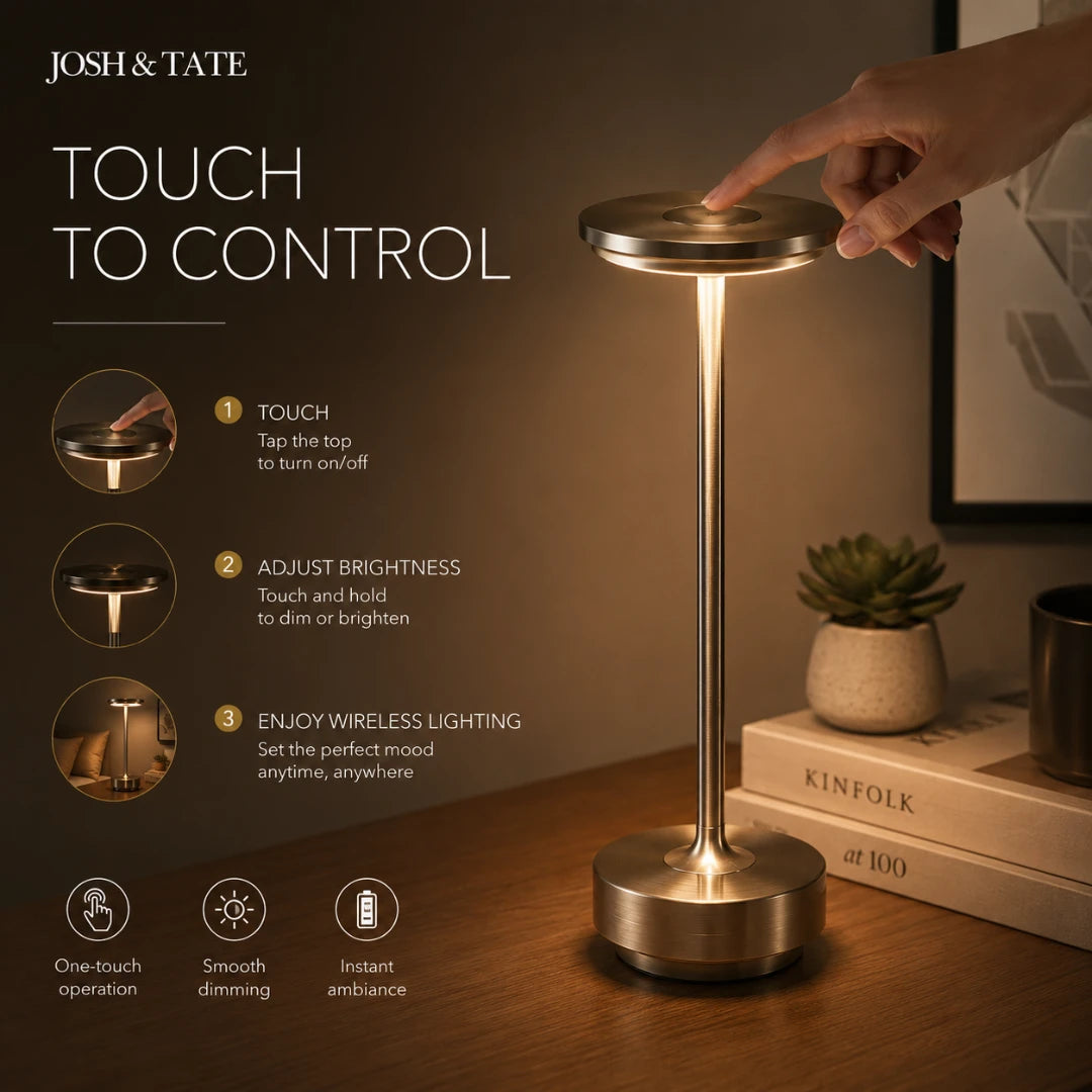 Josh & Tate -OrbitGlow™ Cordless Table Lamp - Touch-controlled lamp with instructions on a dark background, featuring the brand 'Josh & Tate'.