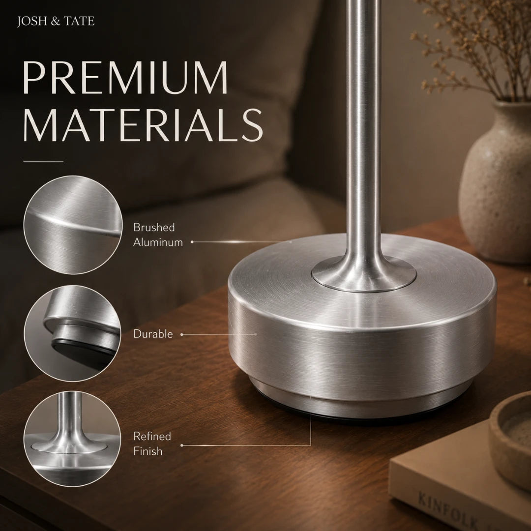 Josh & Tate - OrbitGlow™ Cordless Table Lamp - Metallic lamp on a wooden surface with 'Josh & Tate' branding and material details.