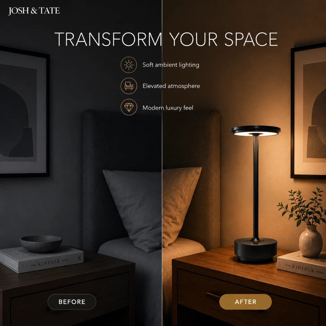 Josh & Tate - OrbitGlow™ Cordless Table Lamp - Before and after comparison of a bedroom with soft ambient lighting.
