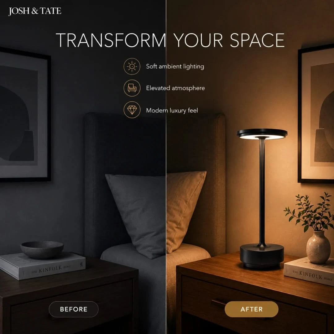 Josh & Tate - OrbitGlow™ Cordless Table Lamp - Before and after comparison of a bedroom with soft ambient lighting.