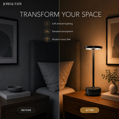 Josh & Tate - OrbitGlow™ Cordless Table Lamp - Before and after comparison of a bedroom with soft ambient lighting.