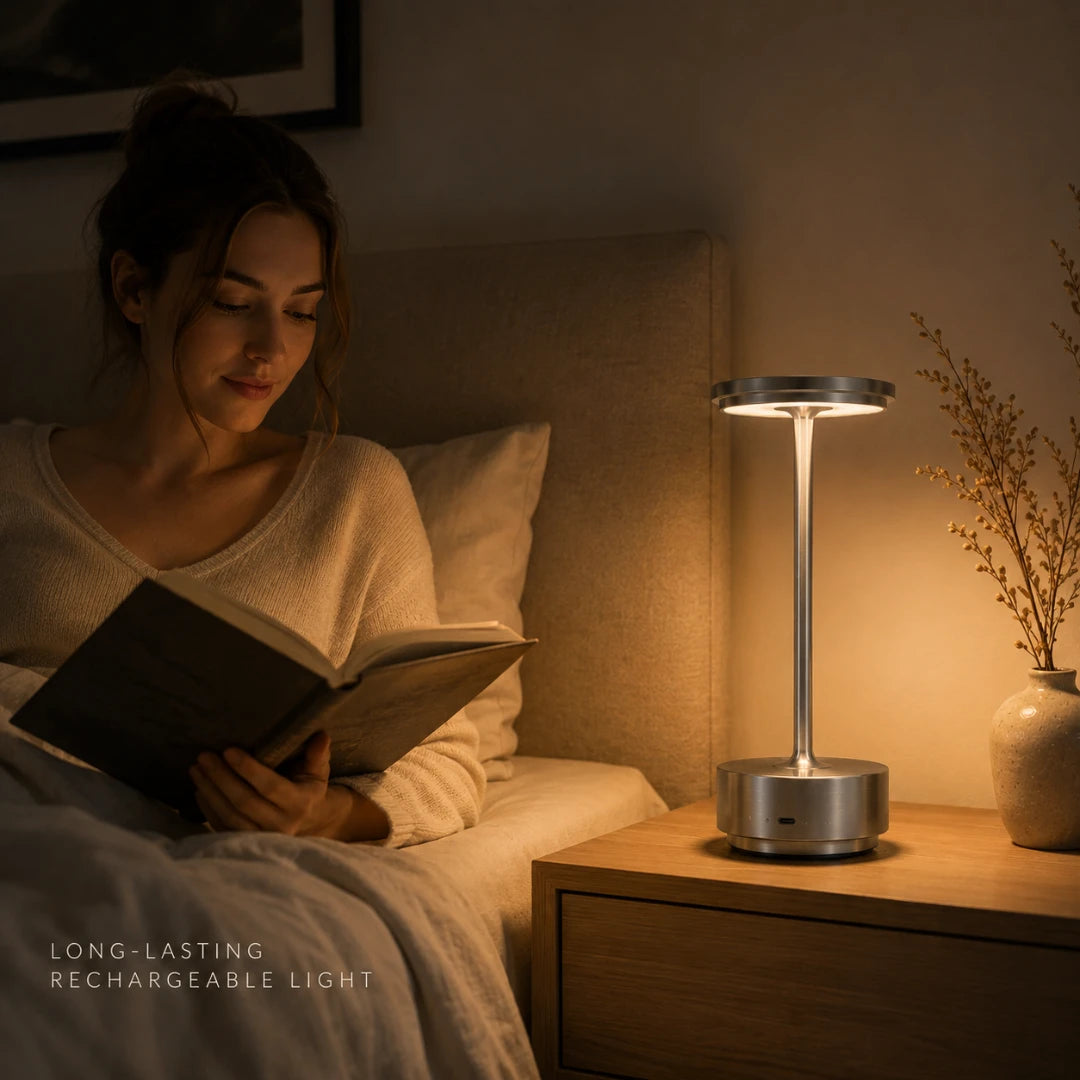 Josh & Tate - OrbitGlow™ Cordless Table Lamp - Woman reading a book in bed next to a nightstand with a lamp.
