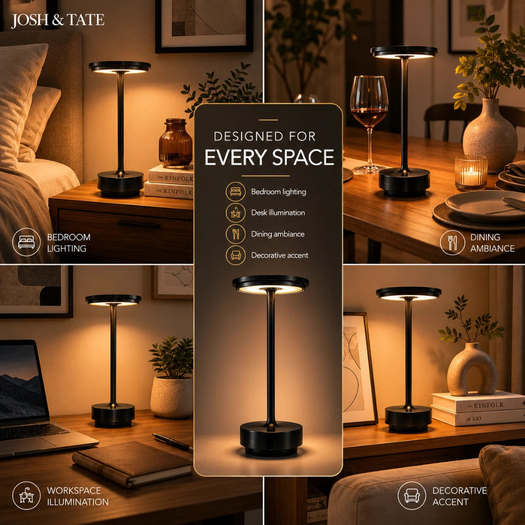 Josh & Tate - OrbitGlow™ Cordless Table Lamp - Black table lamp with various uses in a home setting, including bedroom, desk, dining, and workspace.